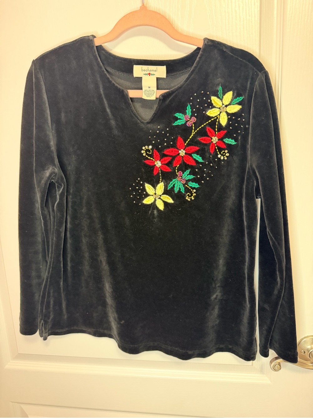 Bechamel Black Velvet Long-Sleeve Top with Floral Appliqué